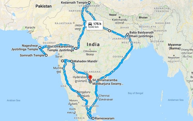 12 Jyotirlingas in India Map showing pilgrimage route