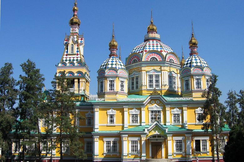 Ascension Cathedral with colorful yellow and blue exterior