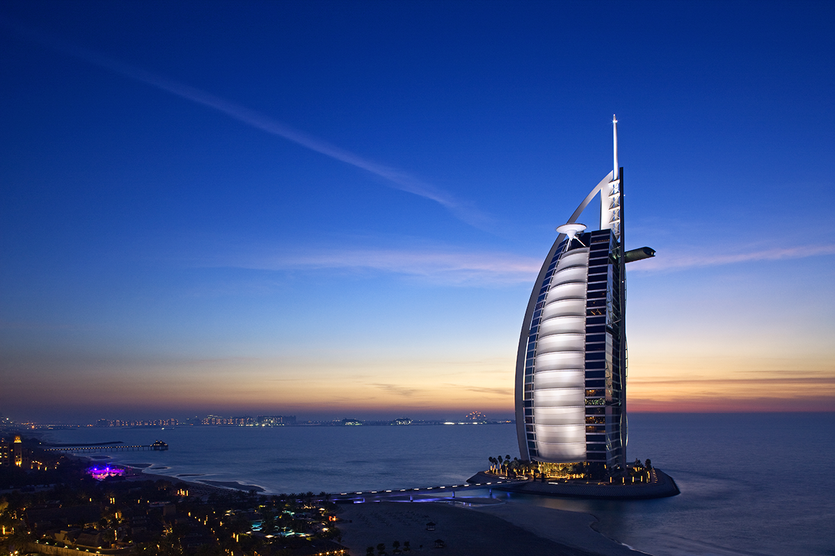 Burj Al Arab Dubai exterior at sunset
