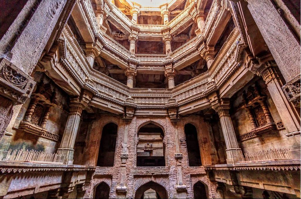 Sunlight streaming through the stepwell levels