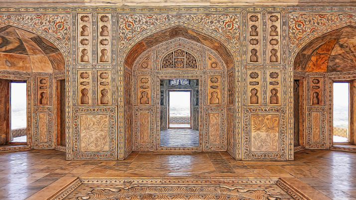 Intricate arches and carved sandstone-marble details inside Agra Fort