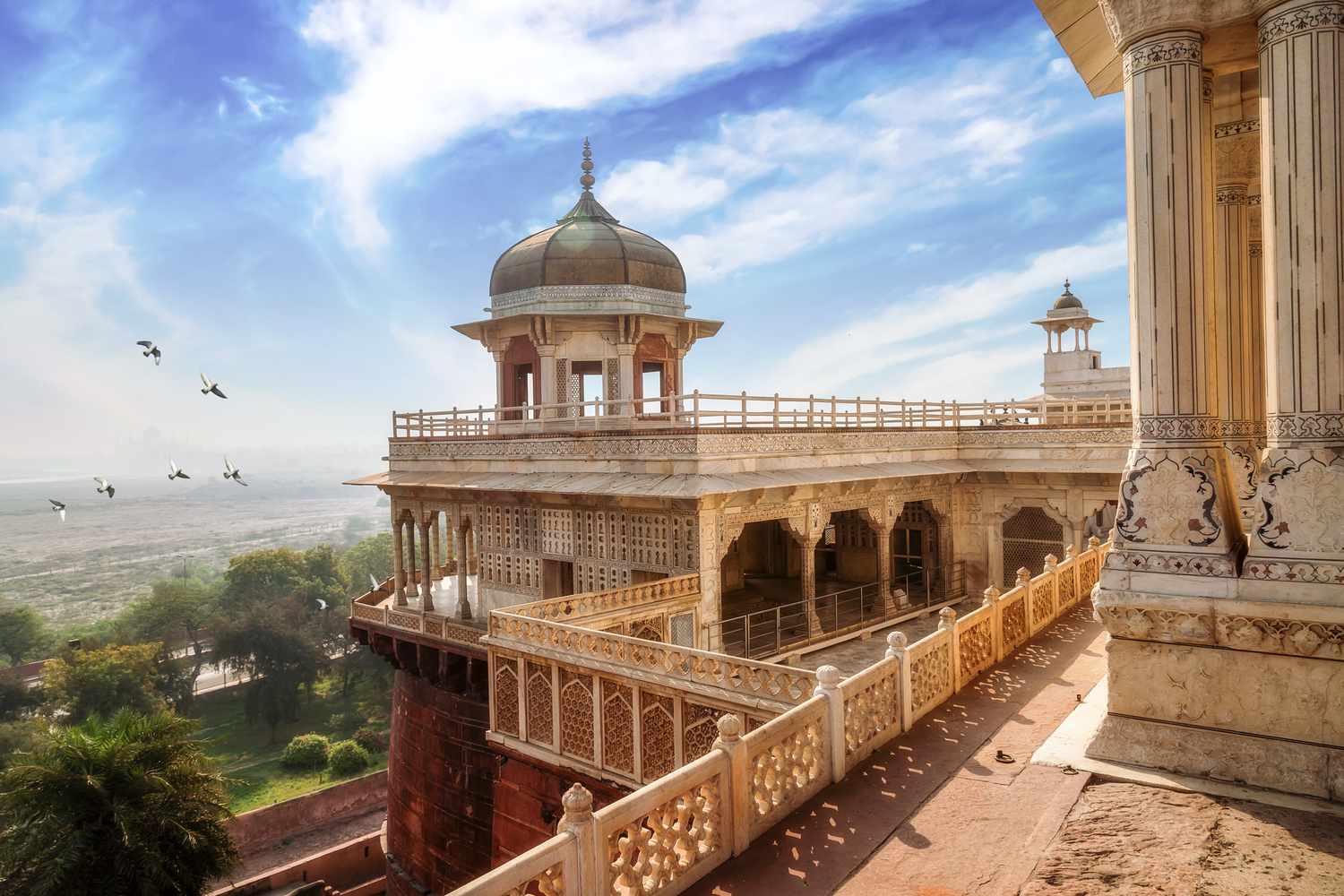 Yamuna-facing viewpoint from Agra Fort with palace sections in foreground