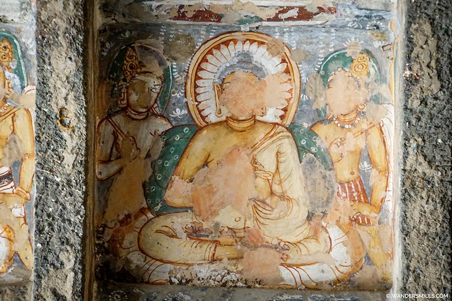 Ancient paintings inside Ajanta Caves depicting Buddhist art