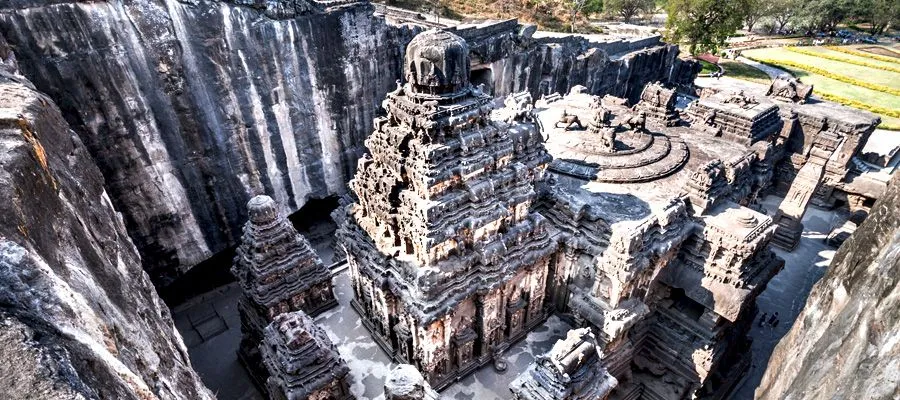 Panoramic view of Ajanta Ellora Caves rock-cut architecture