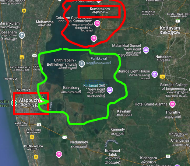 Common Alleppey houseboat route map style view