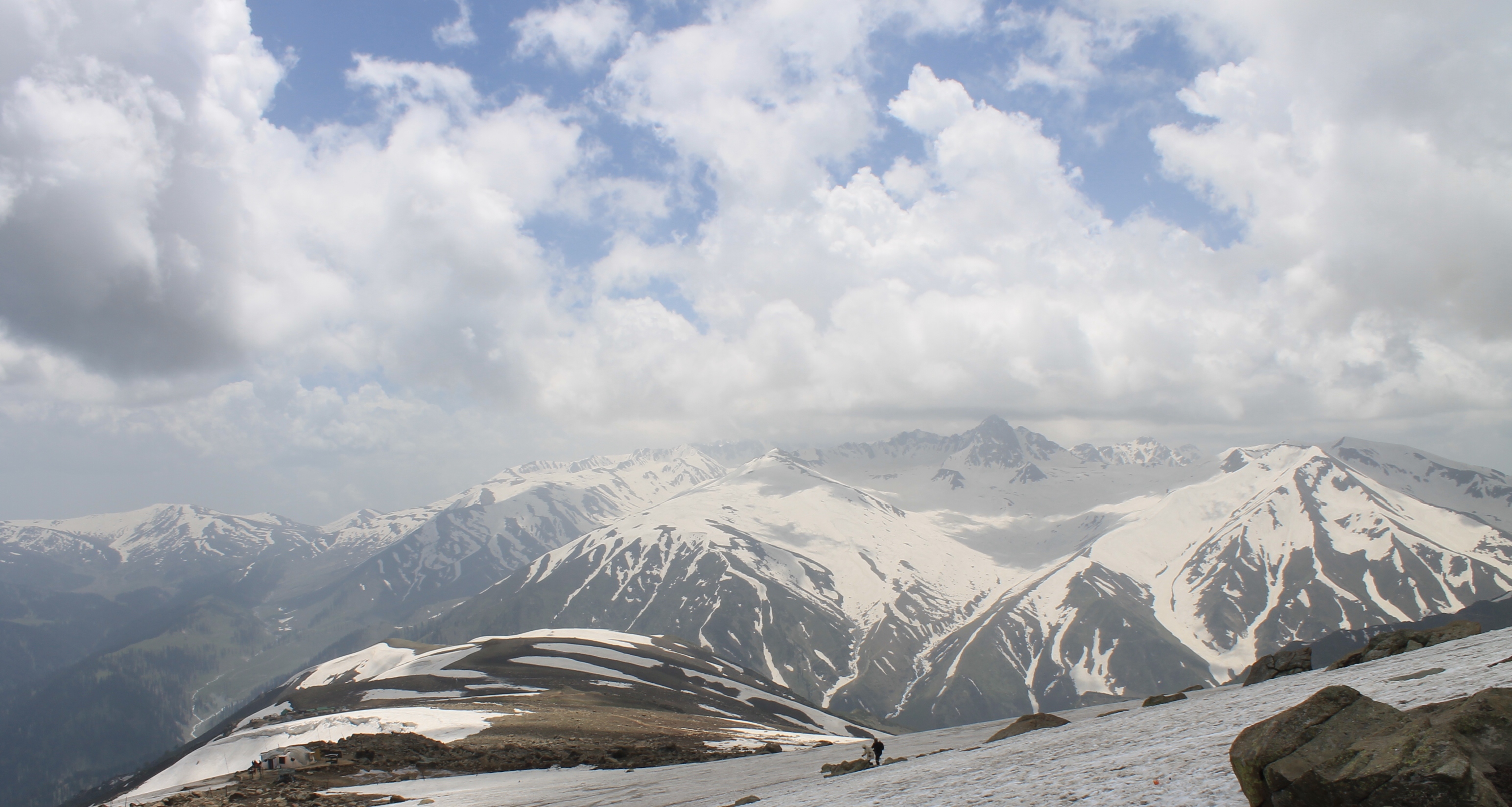 View from Gulmarg Gondola Phase 2 showing snow-covered peaks and valleys