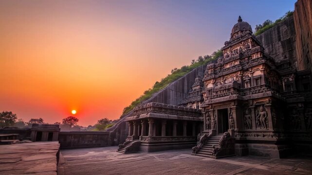 Sunset tones over Badami cave complex and waterbody