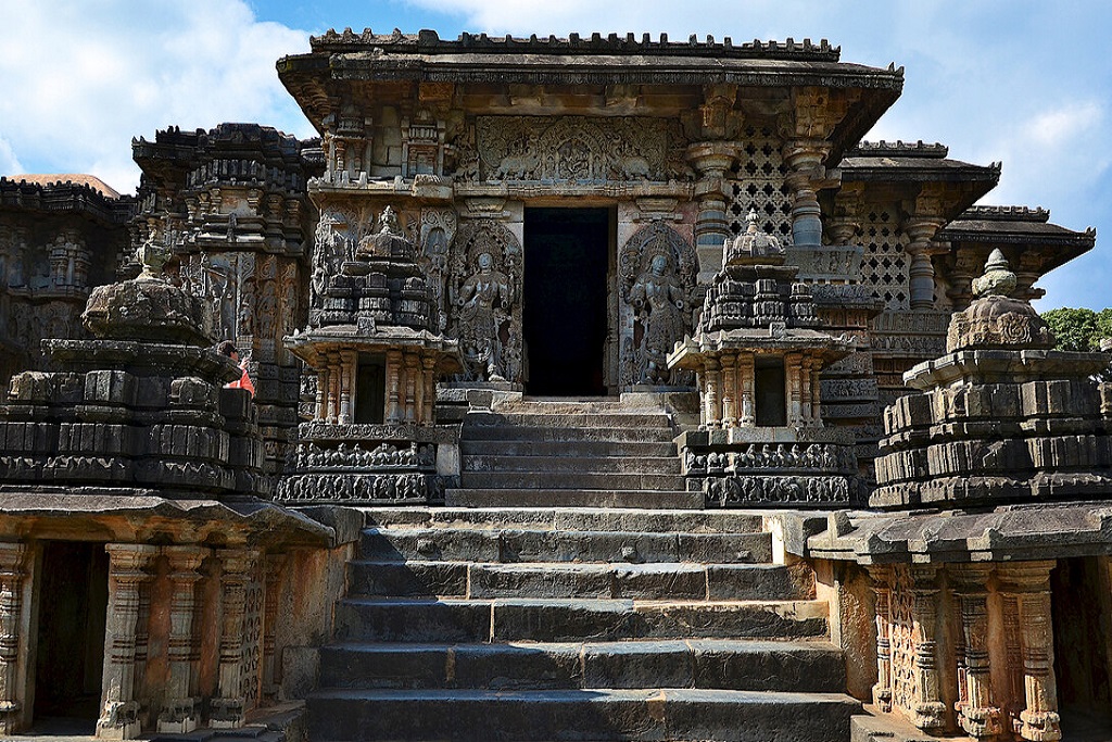 Halebidu temple facade with layered Hoysala carvings