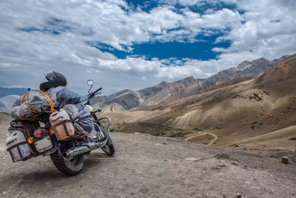 Riders checking protective gear before Ladakh ride