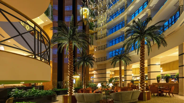 Luxury hotel lobby in Almaty with casino entrance