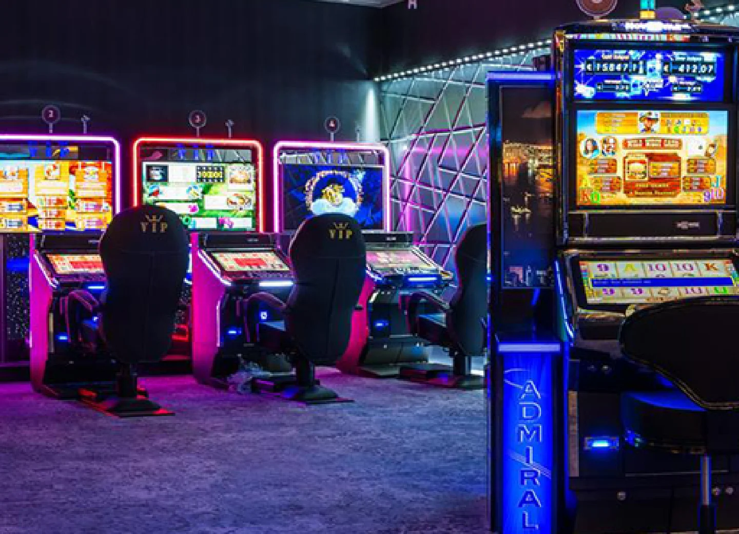 Row of modern slot machines in Almaty casino