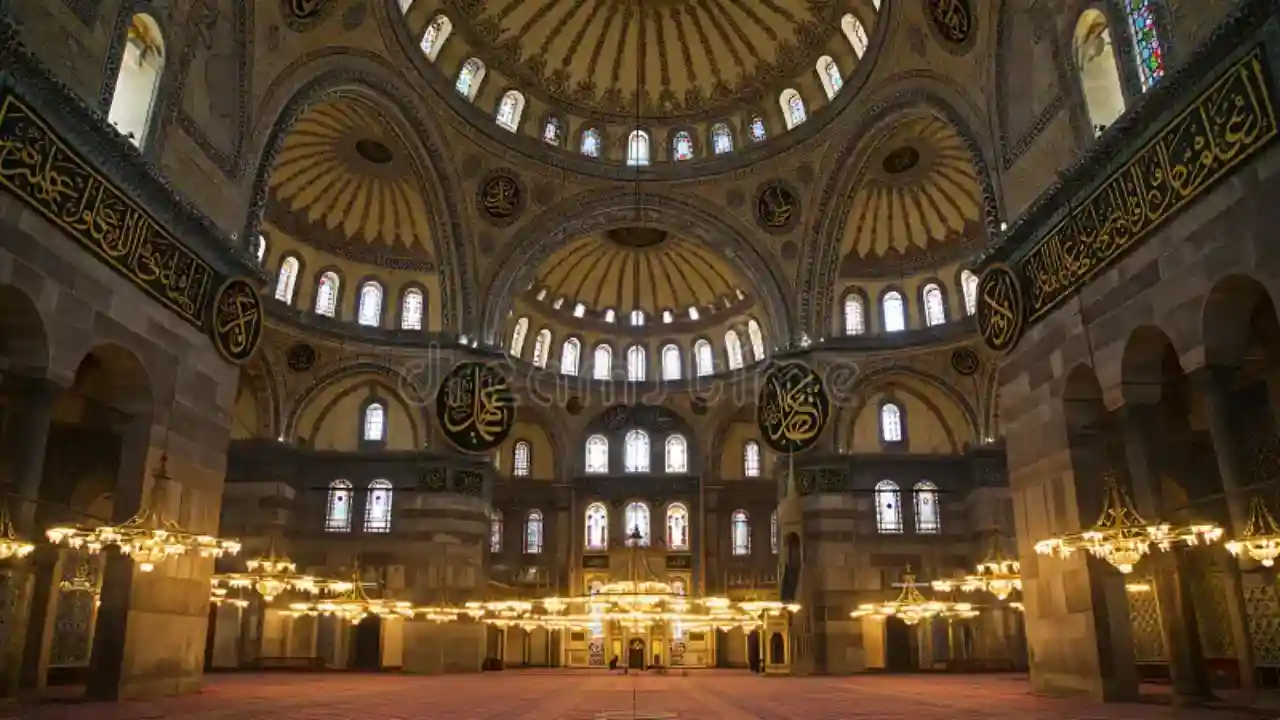 Interior prayer hall with ancient statues