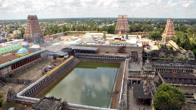 Aerial view of Chidambaram temple complex showing sacred tanks