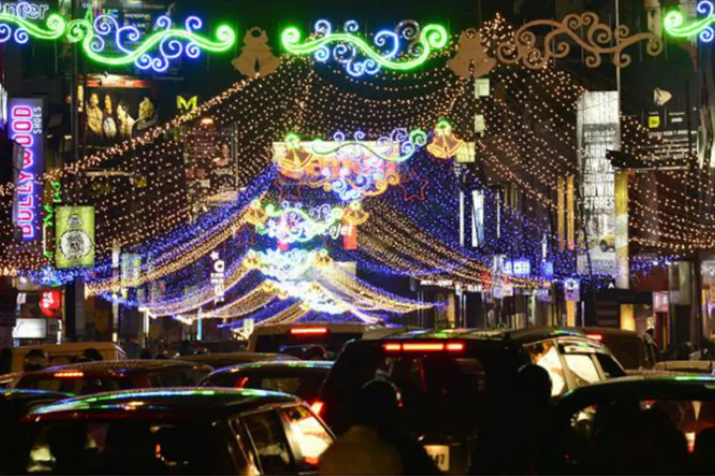 MG Road Bangalore with Christmas decorations and festive lights