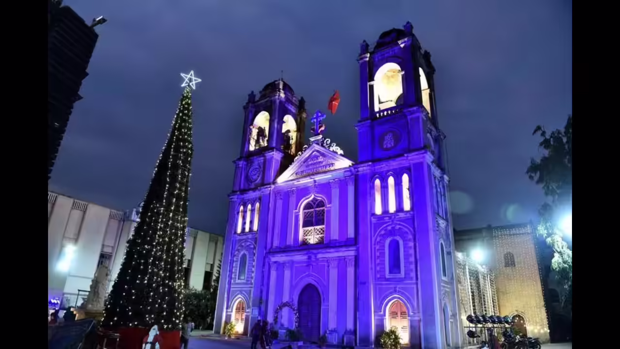 Church illuminated with Christmas lights in Hyderabad