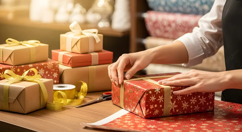 Festive gift wrapping desk with ribbons and holiday tags