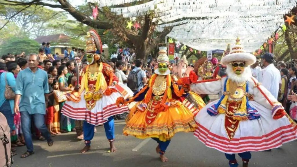 Cochin Carnival parade with performers and floats in Fort Kochi