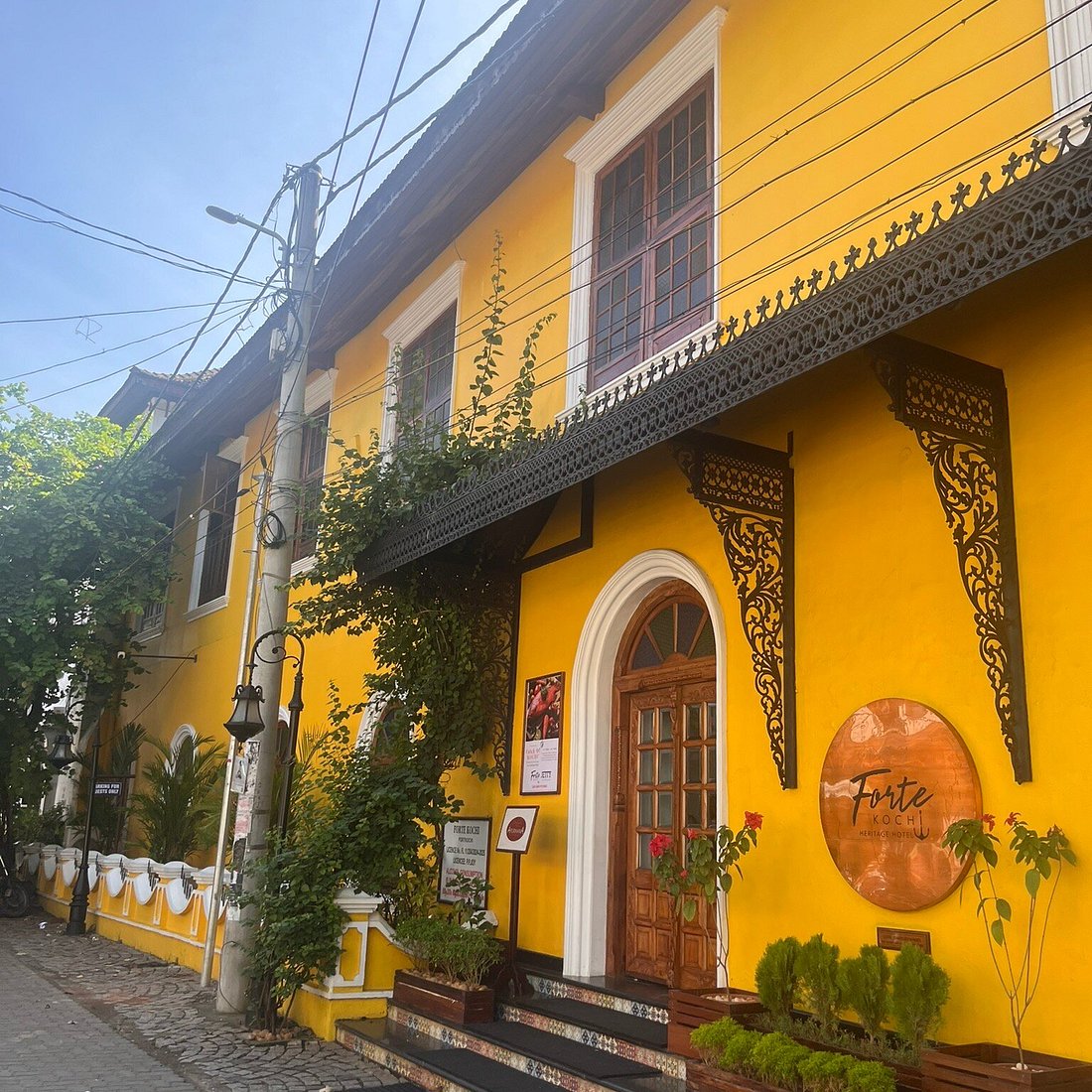 Fort Kochi street decorated with stars and white buntings in December