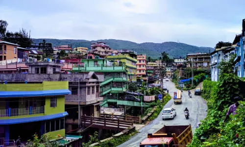 Hillside road leading to a church in Meghalaya