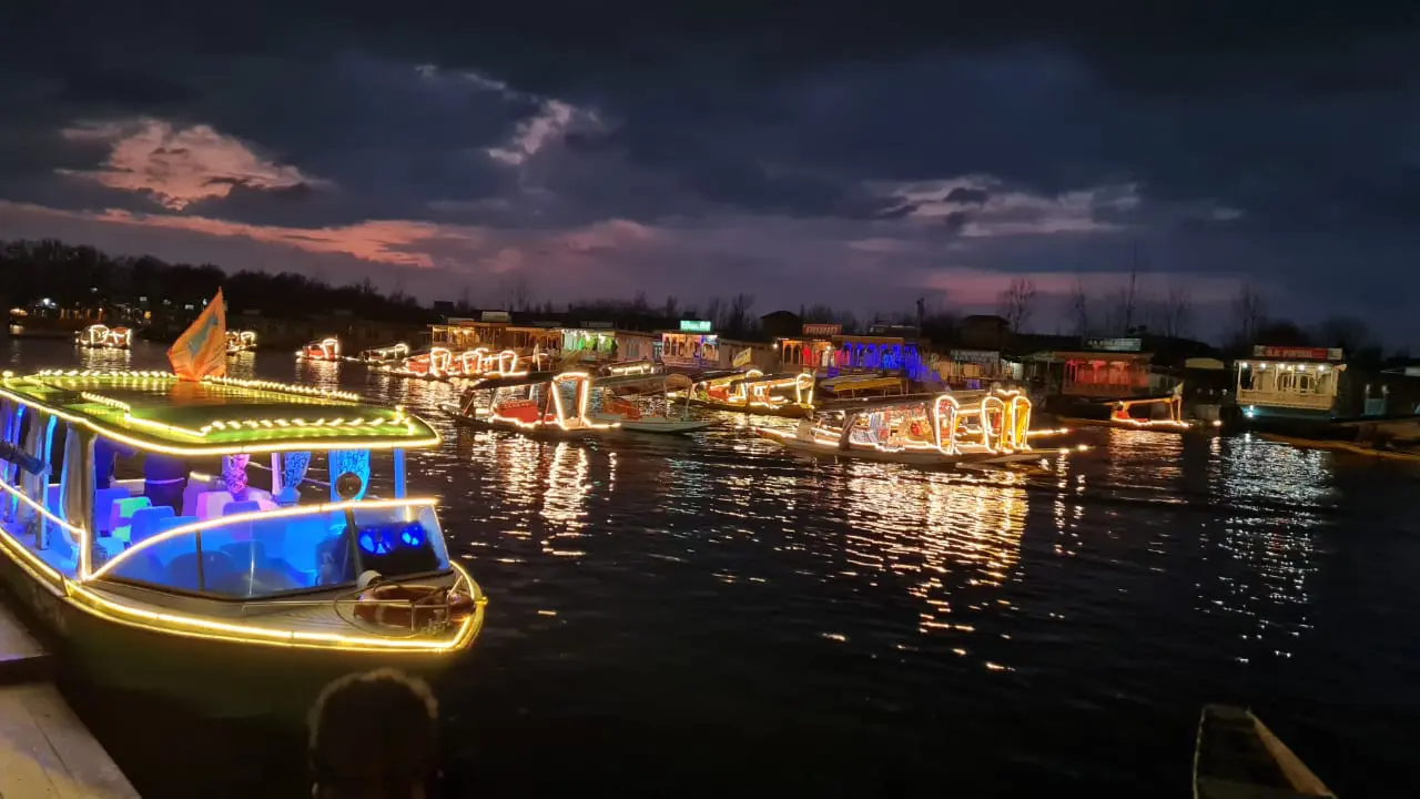 Evening lights and reflections on Dal Lake Kashmir
