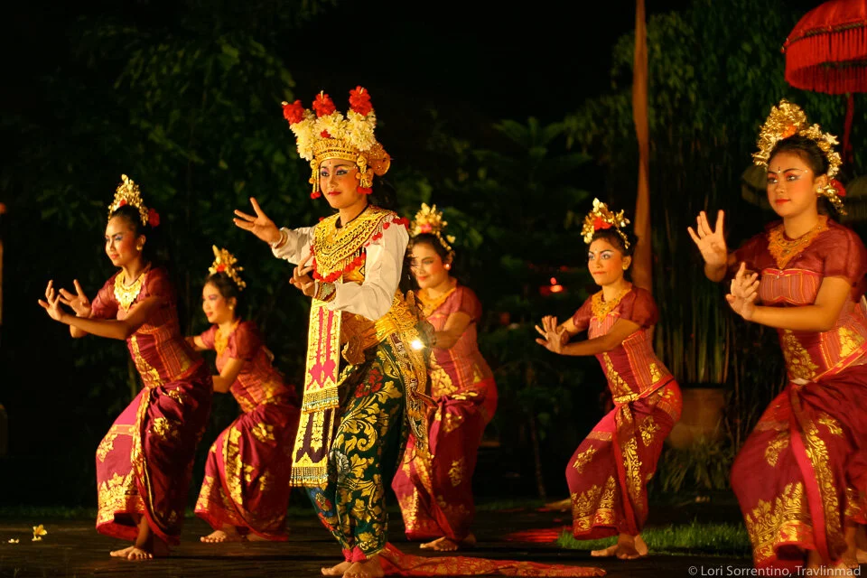 Balinese dance stage ceremony in evening light