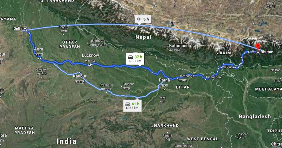 Delhi to Bhutan route map planning
