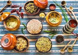 Traditional Bhutanese food spread with ema datshi and red rice