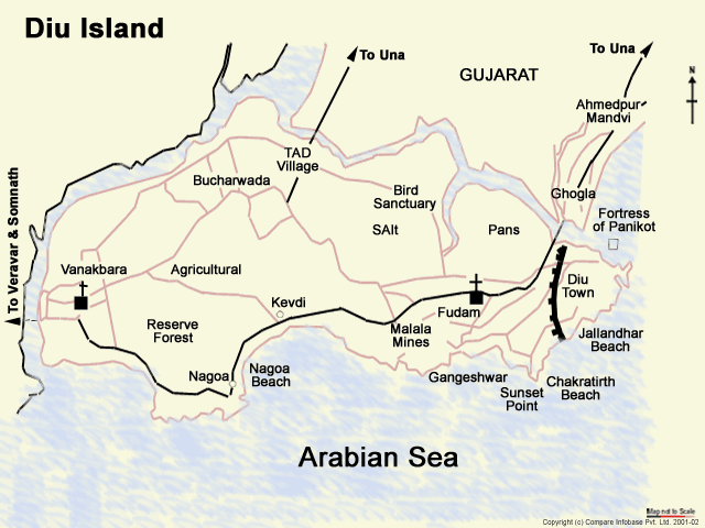 Map-style overview of top places to visit in Diu