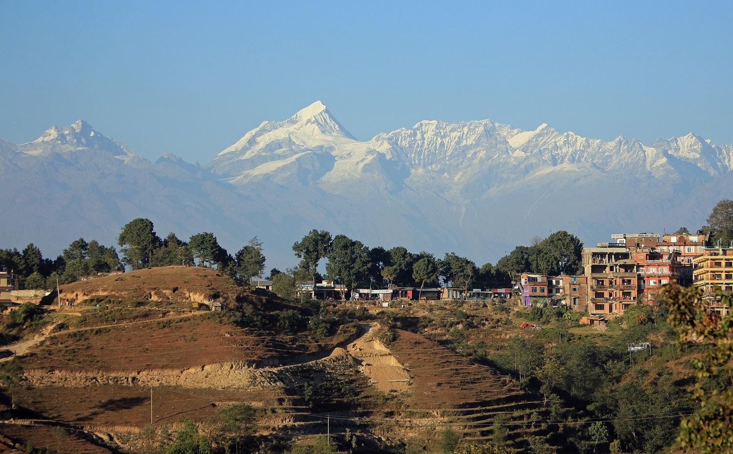 Panoramic Himalayan mountain views from Dochula Pass Bhutan showing snow-capped peaks