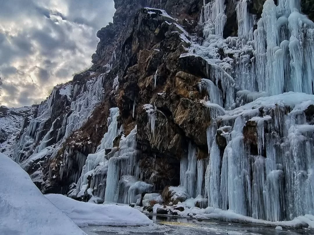 Winter ice formations around Drung Waterfall in Kashmir