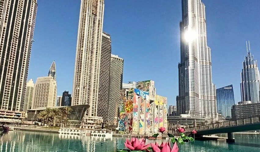 Dubai Fountain visible from Burj Park green space