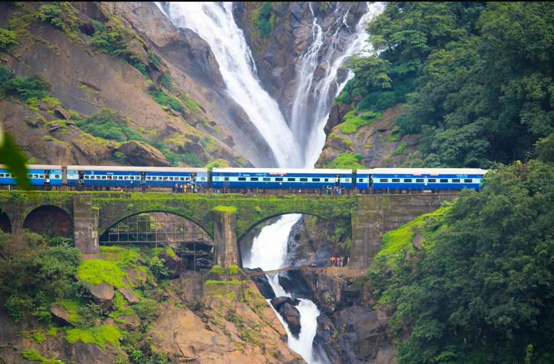 View of Dudhsagar Waterfall from the famous railway bridge