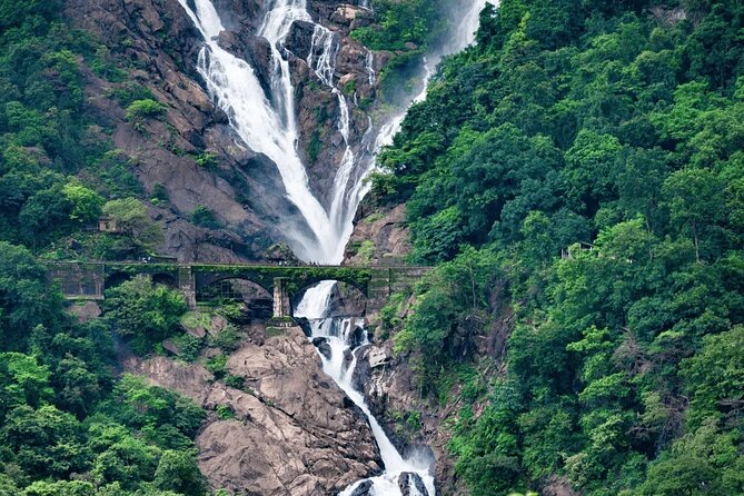 Dudhsagar Waterfall cascading down in full glory during monsoon