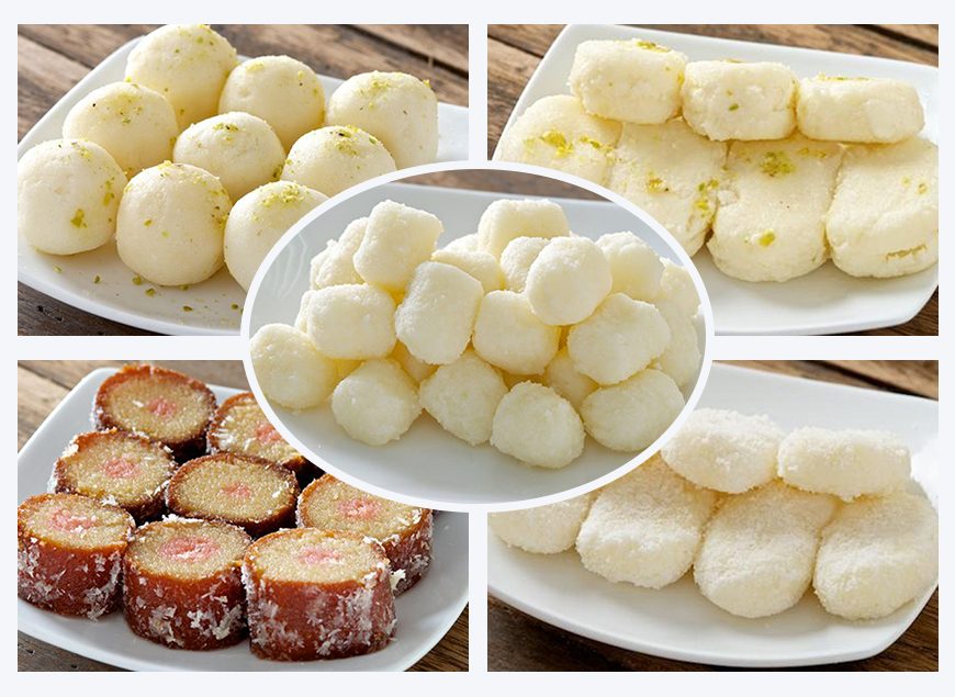 Traditional Bengali sweets including rosogolla and sandesh for Durga Puja