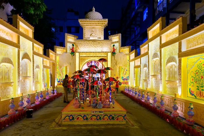 Colorful Durga Puja pandal in West Bengal with beautiful lighting and decorations