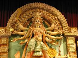 Traditional Durga idol with intricate craftsmanship at Kolkata pandal