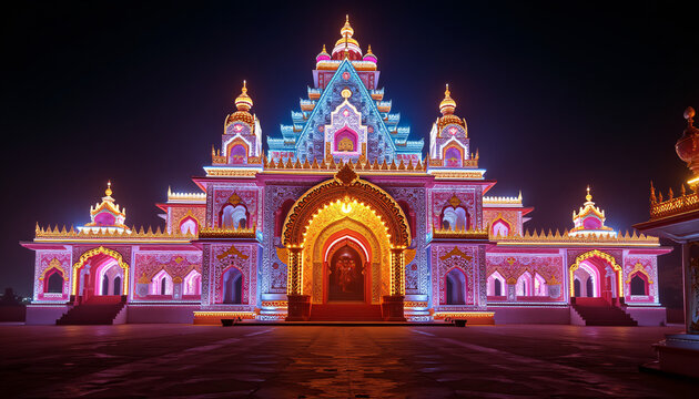 Photography of illuminated Durga Puja pandal at night