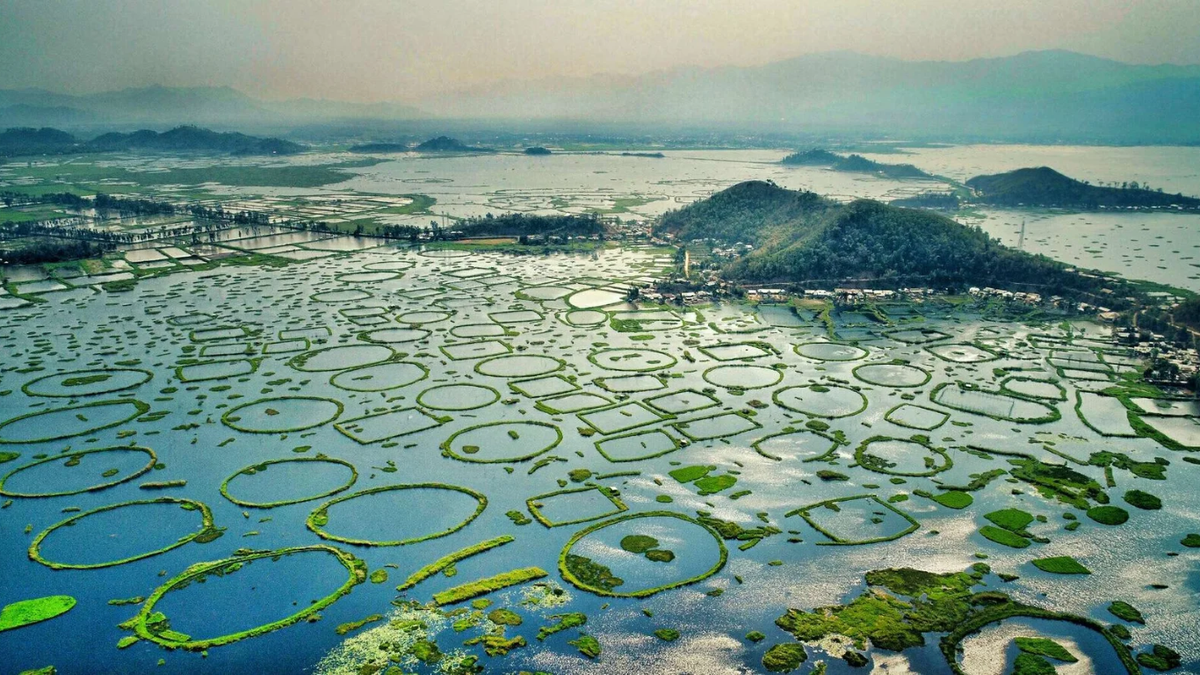 Loktak Lake with floating phumdis and fishermen in traditional boats