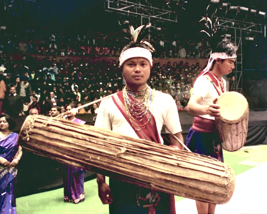 Drummers performing at Wangala festival in Meghalaya