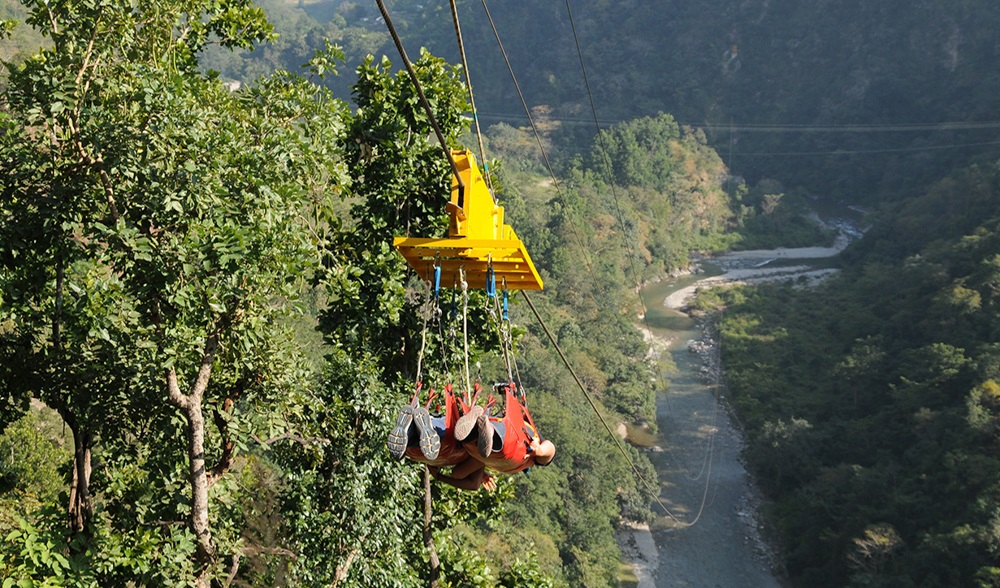 Flying Fox zipline activity in Rishikesh with river valley view