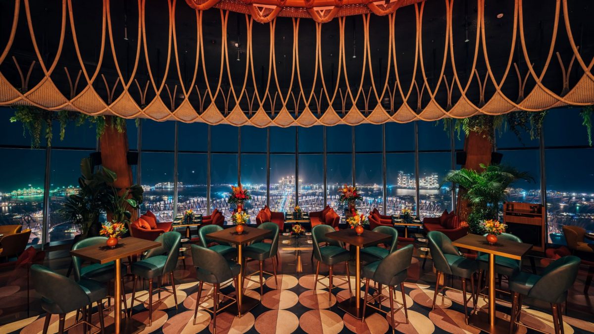 Elegant fine dining restaurant in Dubai with city skyline view