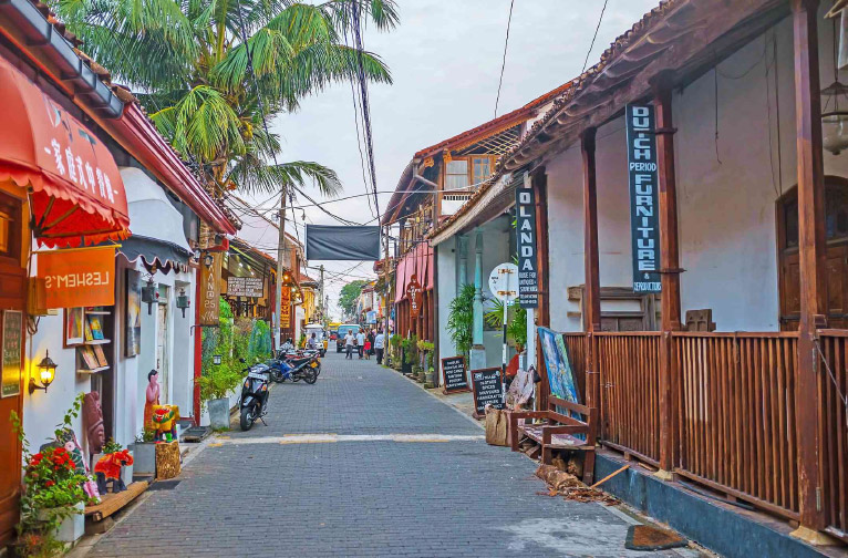 Cobbled street inside Galle Fort with colonial buildings