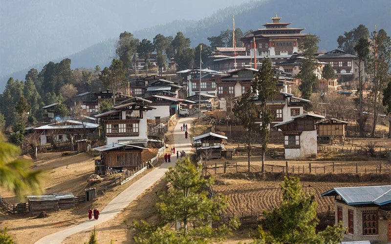 Road approach to Gangtey Monastery in Bhutan mountains