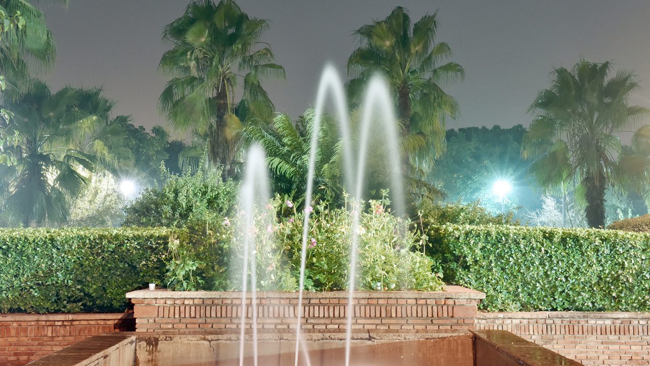 Evening lights and fountain area at Garden of Five Senses Delhi