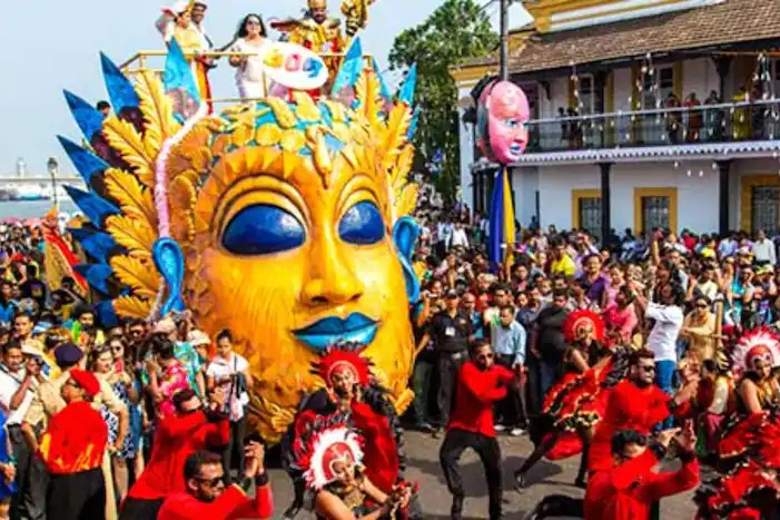 Colorful Goa Carnival parade with elaborate floats
