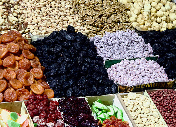 Almaty market food and dry fruit stalls
