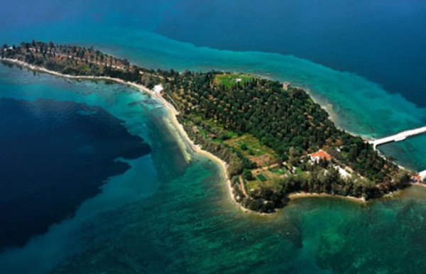 Aerial view of Guitar Island shaped like a guitar