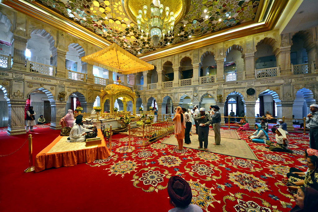 Gurudwara Bangla Sahib interior - Prayer hall with holy Guru Granth Sahib