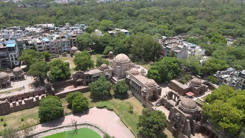Aerial view of Hauz Khas Village and lake area