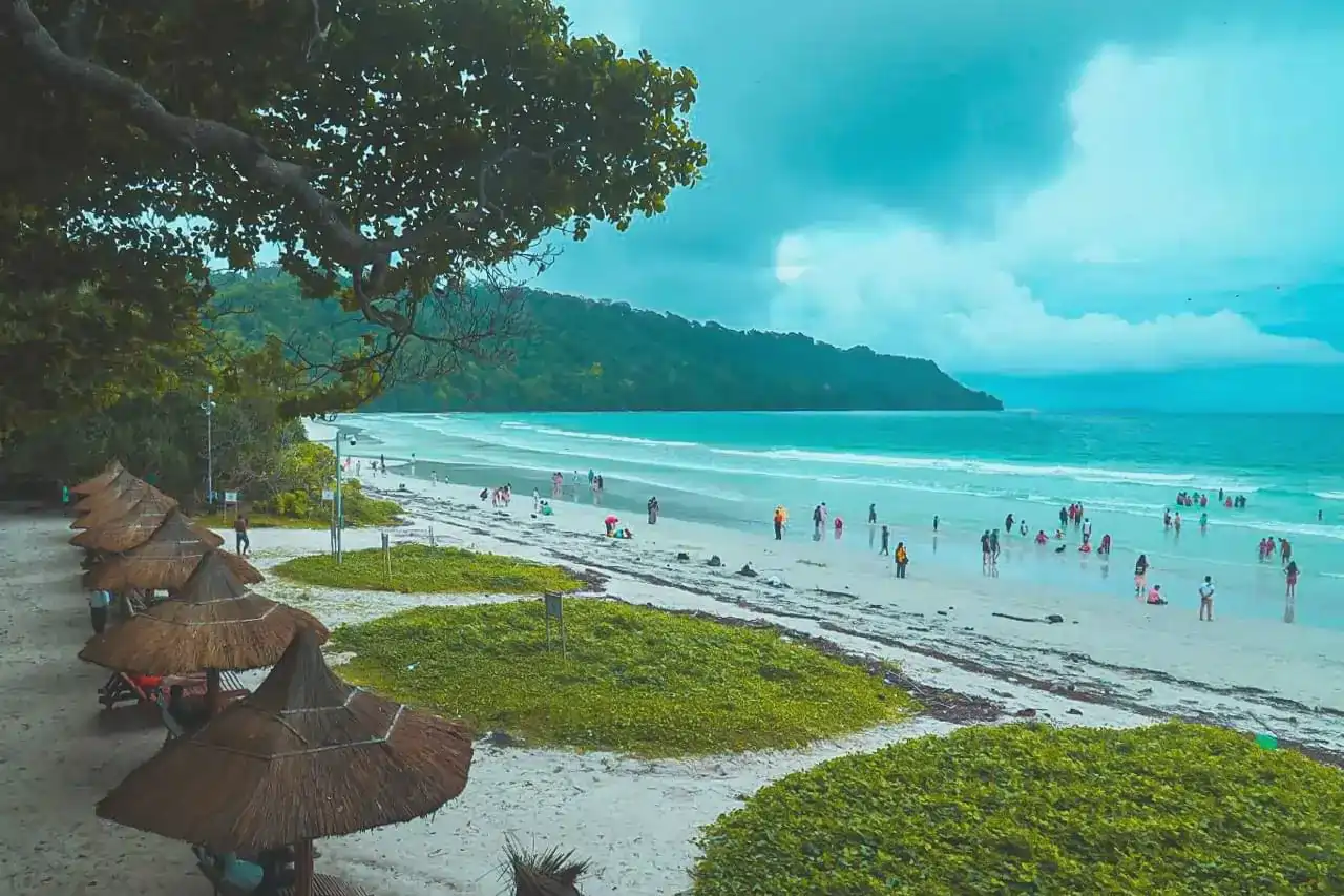 Radhanagar Beach sunset with turquoise waters and white sand